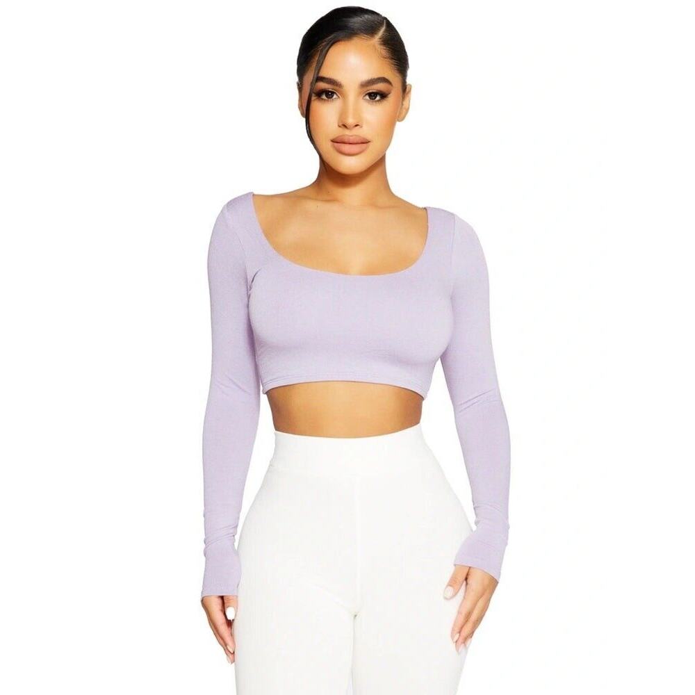NWT Naked Wardrobe Scoop Neck Crop Top Long Sleeve Stretch Iris‎ Plus Size 1X